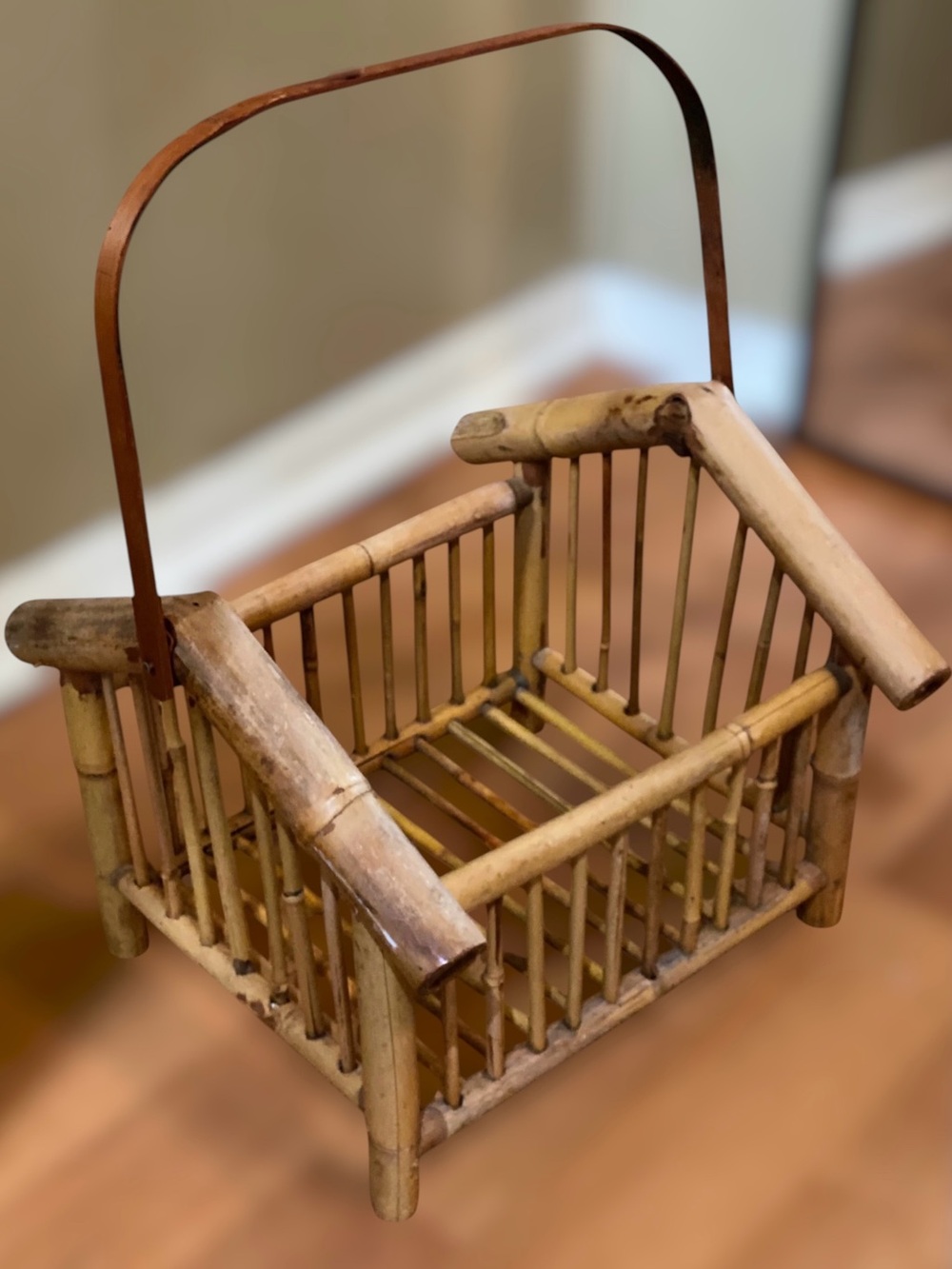 Vintage 60’s Bamboo Square Basket with Handle Magazine Storage Rattan Cane